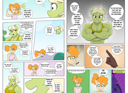 Size: 3574x2599 | Tagged: safe, artist:matchstickman, imported from derpibooru, granny smith, pear butter, anthro, earth pony, comic:the other side, abs, armpits, biceps, breasts, busty granny smith, clothes, comic, deltoids, dialogue, duo, female, gloves, granny smash, mare, muscles, muscular female, shivering, speech bubble, sweat, sweatdrop, sweet apple acres, teenager, young granny smith, young pear butter, younger