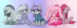 Size: 2048x748 | Tagged: safe, artist:batipin, imported from derpibooru, part of a set, limestone pie, marble pie, maud pie, pinkie pie, earth pony, pony, butt, clothes, dress, duality, headstand, mouth hold, one of these things is not like the others, open mouth, pickaxe, pie sisters, pinkamena diane pie, plot, siblings, sisters, upside down