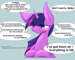 Size: 4096x3277 | Tagged: safe, artist:zemlya, imported from derpibooru, spike, twilight sparkle, pony, unicorn, english, eye clipping through hair, female, mare, offscreen character, one ear down, simple background, solo, speech bubble, translation, unicorn twilight