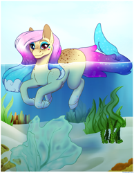 Size: 2156x2782 | Tagged: safe, artist:dragonightdraws, imported from derpibooru, oc, oc only, merpony, pony, colored pupils, commission, crepuscular rays, female, fish tail, flowing tail, looking at you, purple mane, red eyes, seaweed, smiling, solo, sunlight, tail, underwater, water