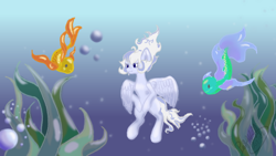 Size: 1280x720 | Tagged: safe, artist:elizabell42, imported from derpibooru, oc, oc only, fish, pegasus, pony, blue background, bubble, crepuscular rays, feather, female, fins, fish tail, ocean, seaweed, simple background, smiling, solo, sunlight, swimming, tail, underwater, water, wings