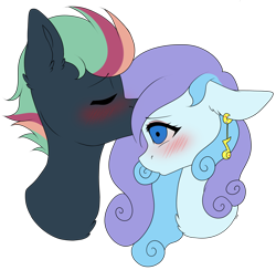 Size: 4088x3997 | Tagged: safe, artist:torihime, imported from derpibooru, oc, oc only, oc:treading step, oc:wavebud, original species, pegasus, shark, shark pony, blushing, chest fluff, commission, ear piercing, earring, eyes closed, eyes open, forehead kiss, jewelry, kissing, piercing, simple background, smooch, transparent background, two toned mane, ych result