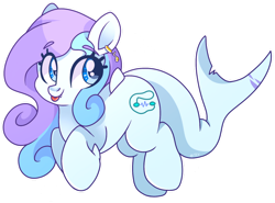 Size: 1040x768 | Tagged: safe, artist:cinnamontee, imported from derpibooru, oc, oc:wavebud, original species, shark, shark pony, :p, cute, dorsal fin, ear piercing, earring, eye lashes, fangs, fins, jewelry, looking away, mlem, piercing, silly, simple background, solo, squishy, tongue out, transparent background, two toned mane