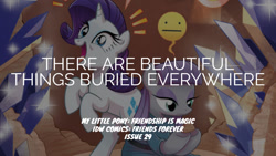 Size: 1280x720 | Tagged: safe, edit, editor:quoterific, idw, imported from derpibooru, maud pie, rarity, earth pony, pony, unicorn, friends forever, spoiler:comic, duo, female, gem, mare, open mouth, open smile, rock, smiling, text