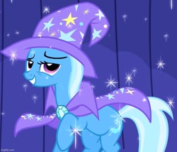 Size: 769x658 | Tagged: safe, imported from derpibooru, screencap, trixie, pony, unicorn, boast busters, season 1, brooch, cape, clothes, cropped, hat, imgflip, jewelry, solo, trixie's brooch, trixie's cape, trixie's hat