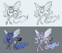 Size: 2160x1828 | Tagged: safe, artist:assasinmonkey, imported from derpibooru, princess luna, alicorn, pony, seapony (g4), black and white, blue eyes, blue mane, blue tail, dorsal fin, female, fin wings, fins, fish tail, flowing mane, flowing tail, gray background, grayscale, horn, mare, monochrome, seaponified, seapony luna, signature, simple background, sketch, smiling, solo, species swap, spread wings, sternocleidomastoid, tail, white background, wings