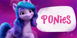 Size: 1500x750 | Tagged: safe, imported from derpibooru, izzy moonbow, pony, unicorn, 2d, 3d, advertisement, amazon, amazon.com, banner, g5, header, long hair, looking at you, my little pony: a new generation, official, purple background, raised hoof, simple background, smiling, smiling at you, solo