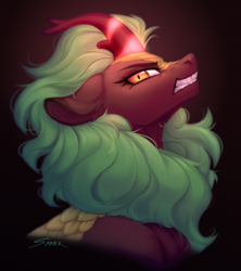 Size: 1734x1950 | Tagged: safe, artist:sparkling_light, imported from derpibooru, cinder glow, summer flare, kirin, angry, bust, dark, ears back, female, glowing, glowing horn, horn, imminent nirik, mare, portrait, profile, solo, teeth, this will end in fire
