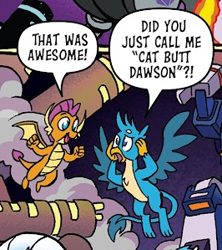 Size: 266x299 | Tagged: safe, idw, imported from derpibooru, gallus, smolder, dragon, griffon, spoiler:comic, awesome, cat butt dawson, comic, cropped, deaf, official, soundwave, speech bubble, text, transformers