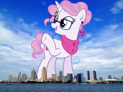 Size: 1872x1404 | Tagged: safe, artist:cirillaq, artist:thegiantponyfan, imported from derpibooru, raspberry latte, pony, unicorn, california, female, giant pony, giant unicorn, giantess, highrise ponies, irl, macro, mare, mega giant, photo, ponies in real life, san diego