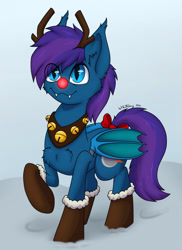 Size: 932x1280 | Tagged: safe, artist:zackwhitefang, imported from derpibooru, oc, oc only, oc:stardust, oc:stardust(cosmiceclipse), bat pony, pony, bat pony oc, bat wings, christmas, clothes, cute, cute little fangs, digital art, fake horn, fangs, gift art, holiday, hooves, male, socks, solo, stallion, tail, wings