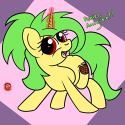 Size: 2000x2000 | Tagged: safe, artist:dafiltafish, imported from derpibooru, oc, oc:piña, pony, unicorn, abstract background, alcohol, horn, magic, solo, telekinesis, unicorn oc