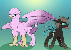 Size: 3508x2480 | Tagged: safe, artist:wbp, imported from derpibooru, oc, oc only, oc:gall rosado, oc:ghitterphos, changeling, griffon, disguise, disguised changeling, female, griffon oc, hissing, male, pink feathers, tongue out