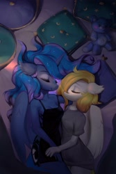 Size: 2000x3000 | Tagged: source needed, useless source url, safe, artist:vensual99, imported from derpibooru, princess luna, oc, oc:starfyre, alicorn, anthro, pegasus, canon x oc, duo, female, lesbian, pillow, plushie, sleeping, teddy bear