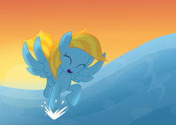 Size: 2970x2100 | Tagged: safe, artist:candy meow, imported from derpibooru, oc, oc:swift, pegasus, pony, ^^, eyes closed, female, flying, happy, high res, legends of equestria, mare, ocean, pegasus oc, solo, splash, sun, sunset, water, wave