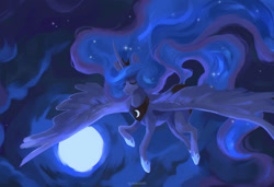 Size: 1280x875 | Tagged: safe, artist:lg-macbeth, imported from derpibooru, princess luna, alicorn, pony, blue mane, blue tail, cloud, crown, curved horn, digital art, ethereal mane, eyes closed, feather, female, flowing mane, flowing tail, flying, hoof shoes, horn, jewelry, mare, moon, moonlight, night, regalia, sky, solo, spread wings, starry mane, starry tail, stars, tail, wings