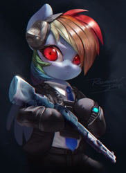 Size: 800x1101 | Tagged: safe, alternate version, artist:theprince, imported from derpibooru, rainbow dash, pegasus, pony, fanfic:rainbow factory, bipedal, clothes, cosplay, costume, crossover, fanfic art, female, gloves, gun, headphones, mare, necktie, pants, rainbow factory dash, rainbow six, rainbow six siege, shirt, shotgun, solo, suit, warden, watch, weapon, wristwatch