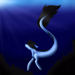 Size: 2459x2439 | Tagged: safe, artist:maneblue, imported from derpibooru, oc, oc only, merpony, pony, sea pony, seapony (g4), blue background, crepuscular rays, dark, dorsal fin, fish tail, flowing tail, ocean, seaponified, seapony oc, simple background, solo, species swap, sunlight, swimming, tail, underwater, water