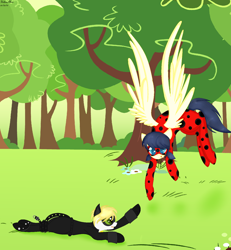 Size: 1372x1484 | Tagged: safe, artist:yulianapie26, imported from derpibooru, earth pony, pegasus, pony, adrien agreste, clothes, costume, crossover, female, male, mare, marinette dupain-cheng, miraculous ladybug, outdoors, ponified, stallion, wings