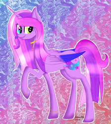 Size: 1638x1826 | Tagged: safe, artist:yulianapie26, imported from derpibooru, oc, oc only, alicorn, pony, abstract background, alicorn oc, choker, female, horn, mare, raised hoof, smiling, solo, wings
