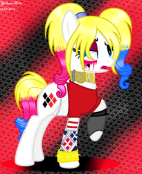 Size: 1094x1336 | Tagged: safe, artist:yulianapie26, imported from derpibooru, earth pony, pony, abstract background, base used, clothes, dc comics, eyelashes, female, harley quinn, makeup, mare, ponified, raised hoof, running makeup, solo