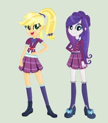 Size: 640x734 | Tagged: safe, artist:yulianapie26, imported from derpibooru, applejack, rarity, equestria girls, alternate hairstyle, base used, clothes, clothes swap, crystal prep academy uniform, duo, female, freckles, hand on hip, school uniform, simple background, smiling, socks