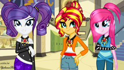 Size: 1344x762 | Tagged: safe, artist:yulianapie26, imported from derpibooru, pinkie pie, rarity, sunset shimmer, equestria girls, alternate hairstyle, base used, clothes, cutie mark on clothes, eyeshadow, gem, hand on hip, indoors, makeup, role reversal, siren gem, smiling, the dazzlings