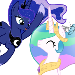 Size: 720x720 | Tagged: safe, artist:sallyso, imported from derpibooru, princess celestia, princess luna, alicorn, pony, bust, duo, ethereal mane, eyelashes, eyes closed, female, hoof shoes, mare, peytral, signature, simple background, starry mane, white background