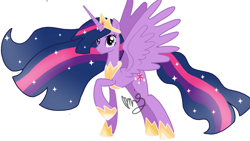 Size: 1280x720 | Tagged: safe, artist:sallyso, imported from derpibooru, twilight sparkle, alicorn, pony, the last problem, ethereal mane, female, hoof shoes, jewelry, long mane, long tail, mare, older, older twilight, peytral, princess twilight 2.0, raised hoof, signature, simple background, slim, starry mane, tail, tiara, twilight sparkle (alicorn), white background