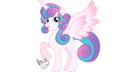 Size: 1280x720 | Tagged: safe, artist:sallyso, imported from derpibooru, princess flurry heart, alicorn, pony, eyelashes, female, mare, older, older flurry heart, raised hoof, signature, simple background, smiling, solo, white background