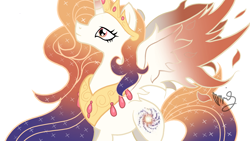 Size: 1280x720 | Tagged: safe, artist:sallyso, imported from derpibooru, oc, oc only, alicorn, pony, alicorn oc, ethereal mane, eyelashes, female, horn, jewelry, mare, peytral, signature, simple background, solo, starry mane, tiara, white background, wings