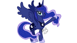 Size: 1280x720 | Tagged: safe, artist:sallyso, imported from derpibooru, princess luna, pony, ethereal mane, female, hoof shoes, mare, peytral, raised hoof, signature, simple background, spread wings, starry mane, white background, wings
