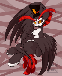 Size: 1300x1600 | Tagged: safe, artist:sunnypaw121, imported from derpibooru, avian, cat, cat pony, demon, demon pony, pegasus, pony, semi-anthro, abstract background, avian cat demon, hazbin hotel, husk (hazbin hotel), male, ponified, solo, stallion