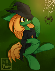Size: 1400x1800 | Tagged: safe, artist:sunnypaw121, imported from derpibooru, oc, oc only, earth pony, pony, spider, earth pony oc, hat, solo, witch hat