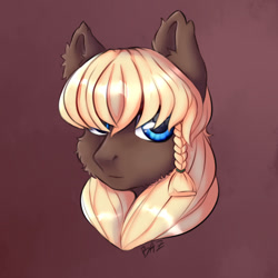 Size: 1024x1024 | Tagged: safe, artist:hotcurrykatsu, imported from derpibooru, oc, oc only, earth pony, pony, brown background, bust, cheek fluff, ear fluff, earth pony oc, female, fur, portrait, signature, simple background, snowpony (species), solo, taiga pony, yakutian horse