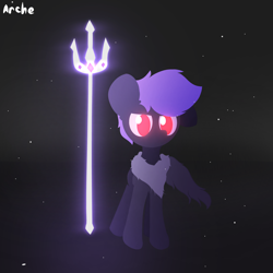 Size: 2000x2000 | Tagged: safe, artist:arche, imported from derpibooru, oc, oc:arche medley, earth pony, pony, clothes, earth pony oc, epic, lineless, magic, no iris, no mouth, particles, scarf, solo, terraria, trident