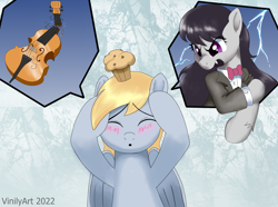 Size: 2660x1984 | Tagged: safe, artist:vinilyart, imported from derpibooru, derpy hooves, octavia melody, earth pony, pegasus, pony, angry, blushing, broken, cello, duo, eyes closed, food, muffin, musical instrument, open mouth, this will end in pain