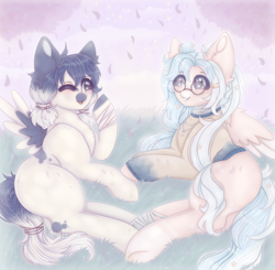 Size: 2040x2000 | Tagged: safe, artist:saltyvity, imported from derpibooru, oc, pegasus, pony, blue eyes, blue hair, cherry blossoms, clothes, cloud, commission, cute, elastic, flower, flower blossom, glasses, grass, hairpin, picnic, romance, romantic, sparkles, stars, summer, sweater, white body
