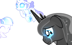 Size: 4000x2500 | Tagged: safe, imported from derpibooru, ocellus, princess luna, wind sprint, alicorn, changedling, changeling, pegasus, pony, abuse, crown, crying, floppy ears, glowing, glowing eyes, gun, handgun, imminent murder, jewelry, lunabuse, op is on drugs, regalia, simple background, transparent background, weapon