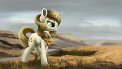Size: 4000x2250 | Tagged: safe, artist:flusanix, imported from derpibooru, sweet biscuit, pony, unicorn, female, field, high res, mare, river, scenery, smiling, solo, stream, walking
