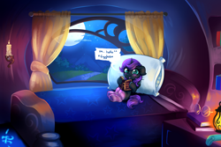 Size: 6000x4000 | Tagged: safe, artist:confetticakez, imported from derpibooru, oc, oc only, oc:nyx, alicorn, pony, alicorn oc, bed, book, candle, cute, floppy ears, glasses, golden oaks library, horn, lantern, moon, nyxabetes, ocbetes, smiling, solo, window, wings