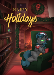 Size: 1500x2100 | Tagged: safe, artist:confetticakez, imported from derpibooru, oc, oc only, oc:xodious, changeling, book, bookshelf, changeling oc, christmas, christmas wreath, couch, fire, fireplace, hat, holiday, santa hat, solo, wreath