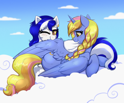 Size: 4000x3333 | Tagged: safe, artist:confetticakez, imported from derpibooru, oc, oc only, oc:jet stream, oc:platinum band, alicorn, pegasus, pony, alicorn oc, assisted preening, blue coat, blue sky, blushing, bonding, braid, cloud, colored pupils, cute, duo, ear piercing, eyebrows, eyebrows visible through hair, eyelashes, female, fluffy, friends, friendship, golden eyes, grooming, hairband, happy, high res, horn, lying down, lying on a cloud, mare, multicolored mane, multicolored tail, on a cloud, on side, one eye closed, one wing out, patreon, patreon reward, pegasus oc, piercing, preening, prone, smiling, tail, two toned mane, two toned tail, wall of tags, white coat, wing fluff, wings, yellow eyes