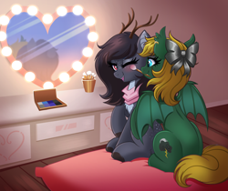 Size: 4667x3923 | Tagged: safe, artist:confetticakez, imported from derpibooru, oc, oc only, bat pony, deer, deer pony, original species, pony, brush, makeup, mirror, solo