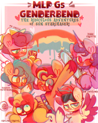 Size: 600x749 | Tagged: safe, artist:sockiepuppetry, imported from derpibooru, hitch trailblazer, izzy moonbow, pipp petals, sprout cloverleaf, sunny starscout, zipp storm, dog, earth pony, pegasus, pomeranian, pony, unicorn, chainsaw, cloudpuff, flying pomeranian, g5, harness pathfinder, isaac crestie, mane five (g5), my little pony: a new generation, new mane six (g5), pip corolla, rule 63, sapling trefoil, sun starchaser, winged dog, zip cyclone