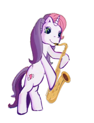 Size: 585x769 | Tagged: safe, artist:leonardo51105, imported from derpibooru, sweetie belle (g3), pony, unicorn, bipedal, hoof hold, musical instrument, saxophone, simple background, transparent background