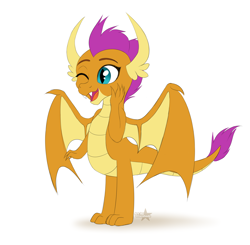 Size: 3762x3691 | Tagged: safe, artist:starshade, imported from derpibooru, smolder, dragon, dragoness, female, one eye closed, open mouth, open smile, simple background, smiling, solo, white background, wings