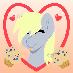 Size: 1280x1280 | Tagged: safe, artist:katelynleeann42, imported from derpibooru, derpy hooves, pony, bust, februpony, food, muffin, portrait, solo, tongue out