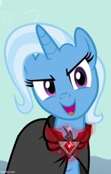 Size: 462x720 | Tagged: safe, imported from derpibooru, screencap, trixie, pony, unicorn, magic duel, season 3, alicorn amulet, cropped, evil trixie, female, glowing, horn, imgflip, mare, open mouth, open smile, smiling, solo