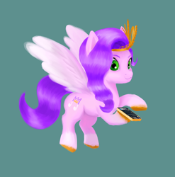 Size: 832x841 | Tagged: safe, artist:iron curtain, imported from derpibooru, pipp petals, pegasus, pony, female, flying, g5, green background, mare, my little pony: a new generation, phone, simple background, smiling, solo, spread wings, wings